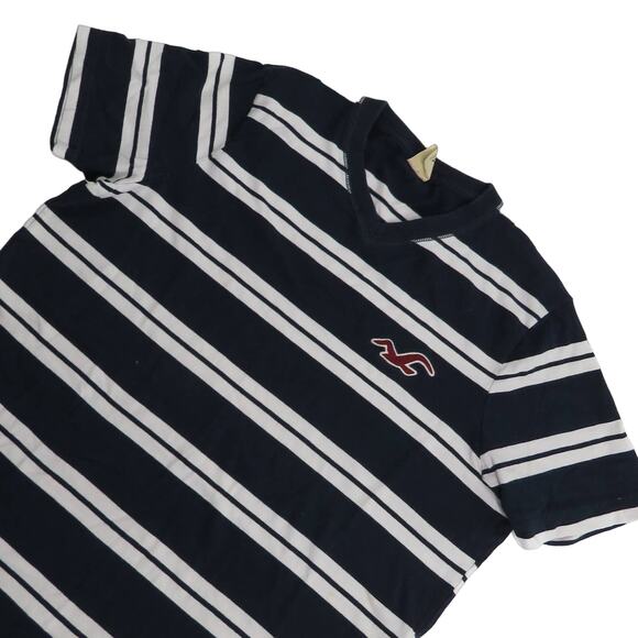 Y2k Hollister Navy & White Striped V-Neck T-Shirt with Embroidered Logo - Picture 3 of 7